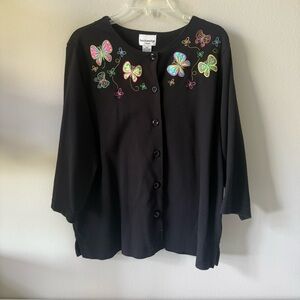 Vintage Women's Y2K 90s Blue Embroidered Butterfly Rhinestone Cardigan‎ Large